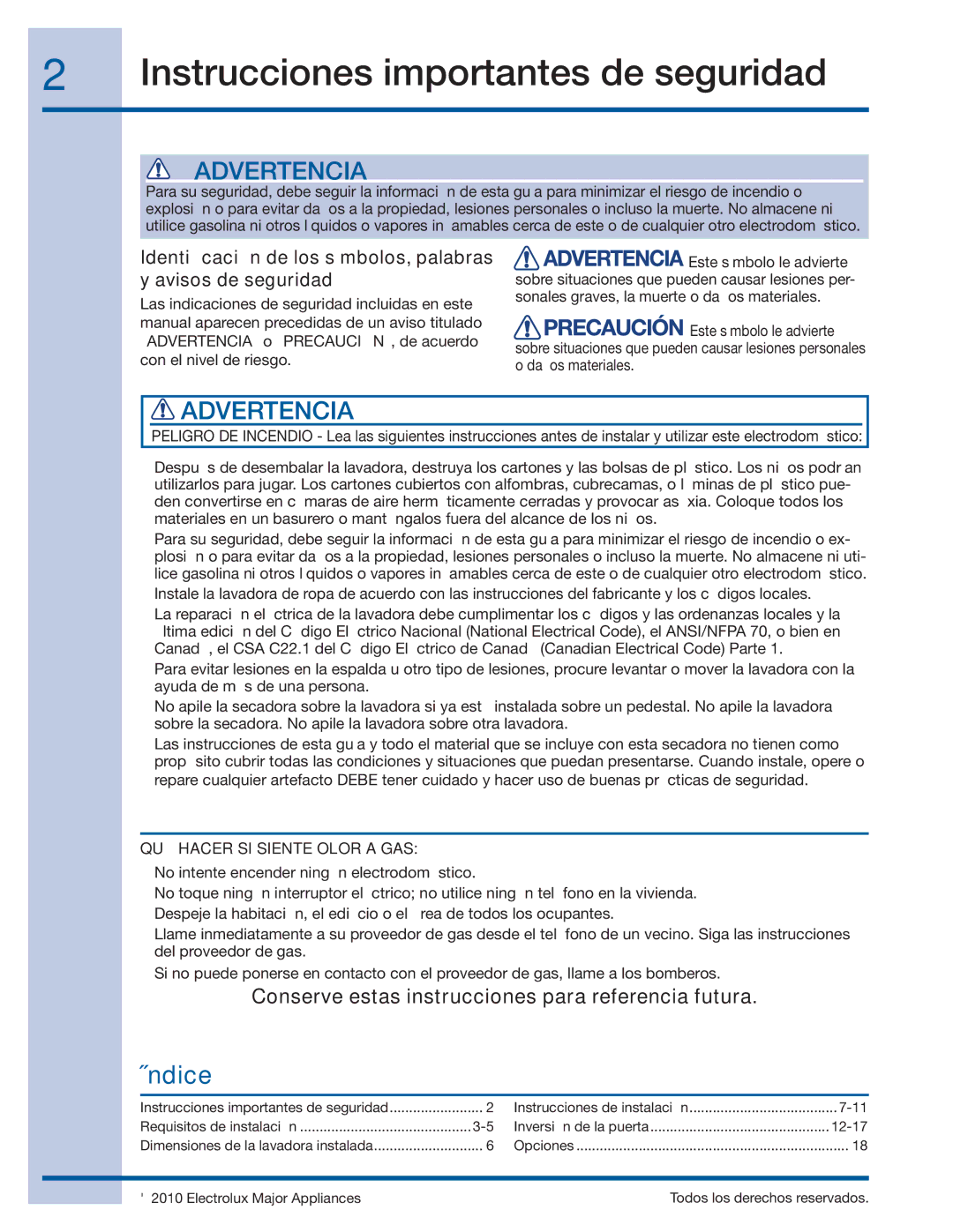 Electrolux 137064300 B installation instructions Instrucciones importantes de seguridad, Índice 