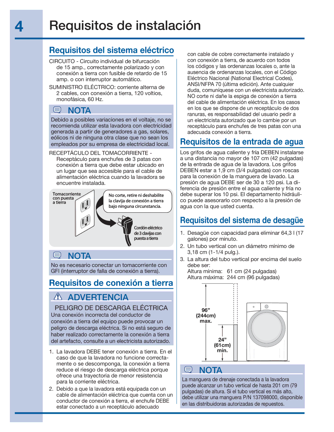 Electrolux 137064300 B Requisitos del sistema eléctrico, Requisitos de la entrada de agua, Requisitos de conexión a tierra 