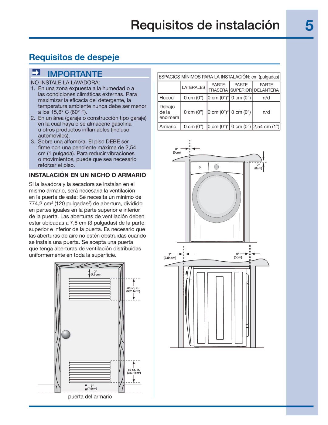 Electrolux 137064300 B installation instructions Requisitos de despeje, No Instale LA Lavadora 