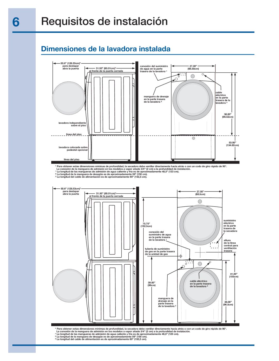 Electrolux 137064300 B installation instructions Dimensiones de la lavadora instalada 