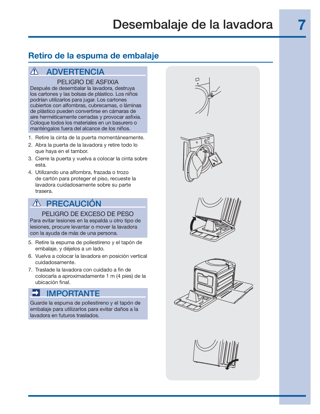 Electrolux 137064300 B Desembalaje de la lavadora, Retiro de la espuma de embalaje, Peligro DE Asfixia 