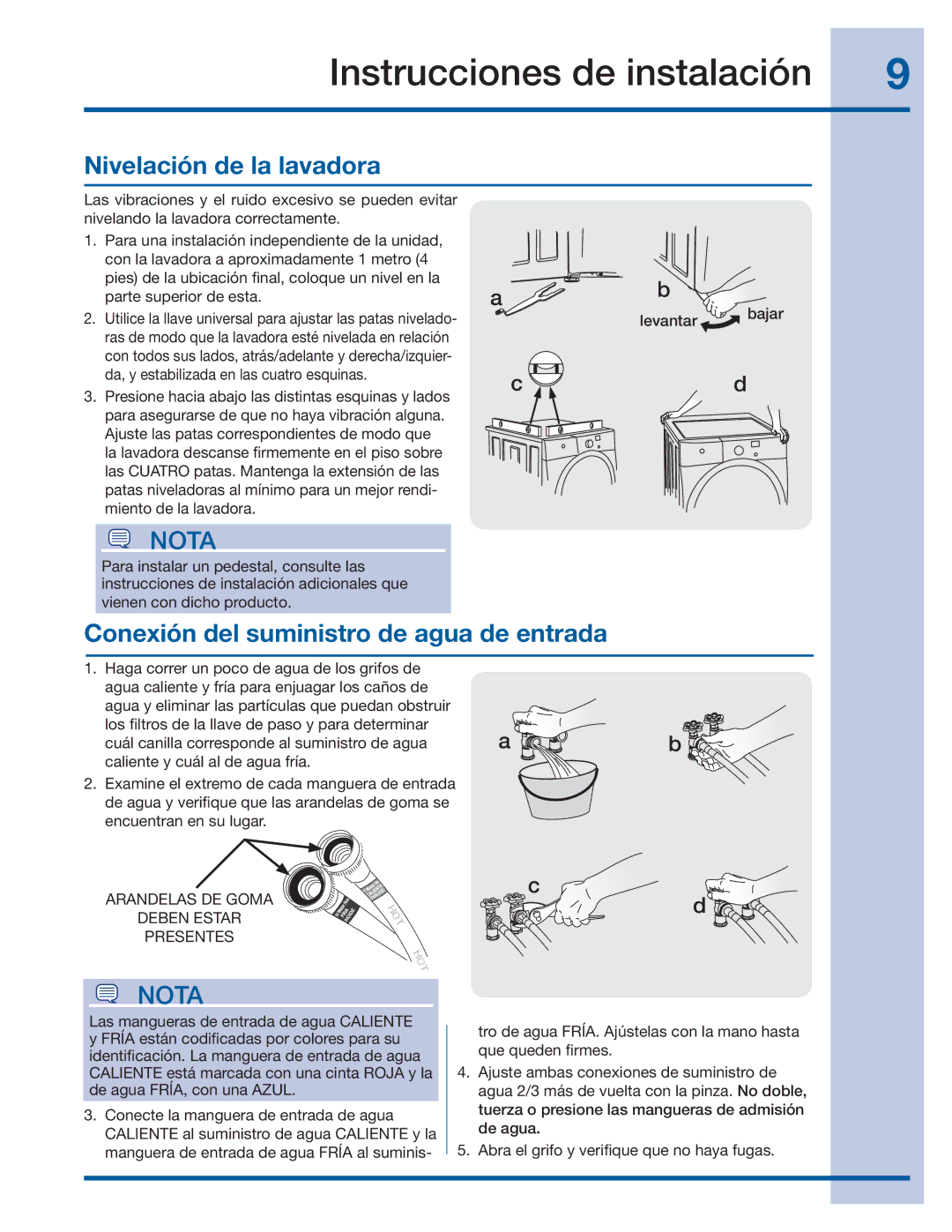 Electrolux 137064300 B Instrucciones de instalación, Nivelación de la lavadora, Conexión del suministro de agua de entrada 