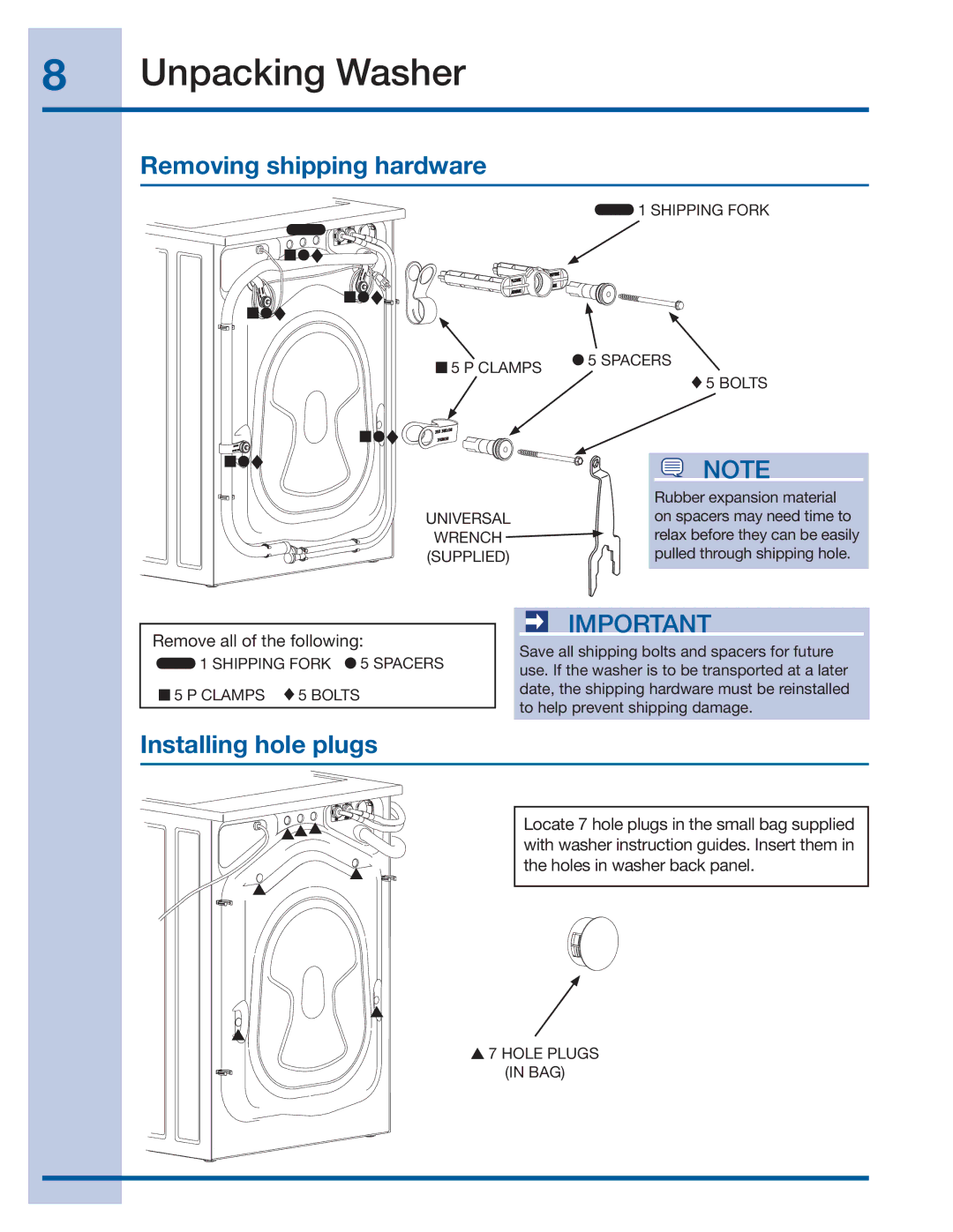 Electrolux 137064300 B installation instructions Removing shipping hardware, Installing hole plugs 