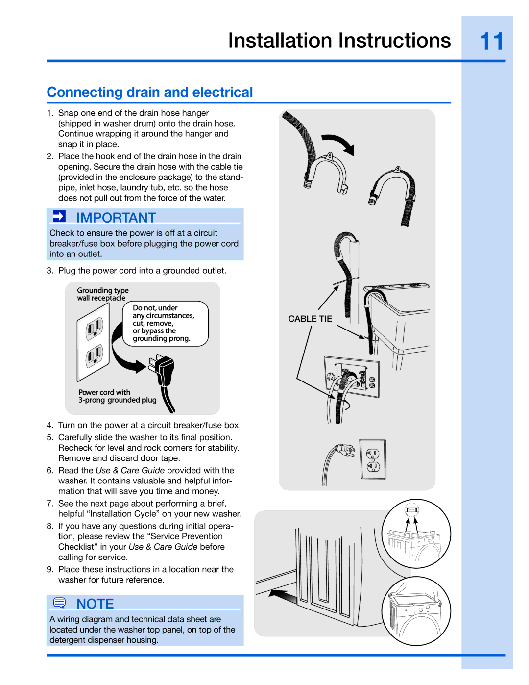 Electrolux 137098000, 137067200, 137019200, 137064300A, 134700400 installation instructions Connecting drain and electrical 