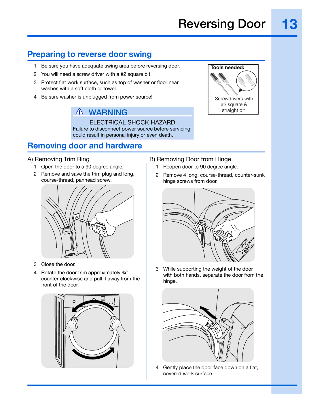 Electrolux 137064300A Reversing Door, Preparing to reverse door swing, Removing door and hardware, Removing Trim Ring 