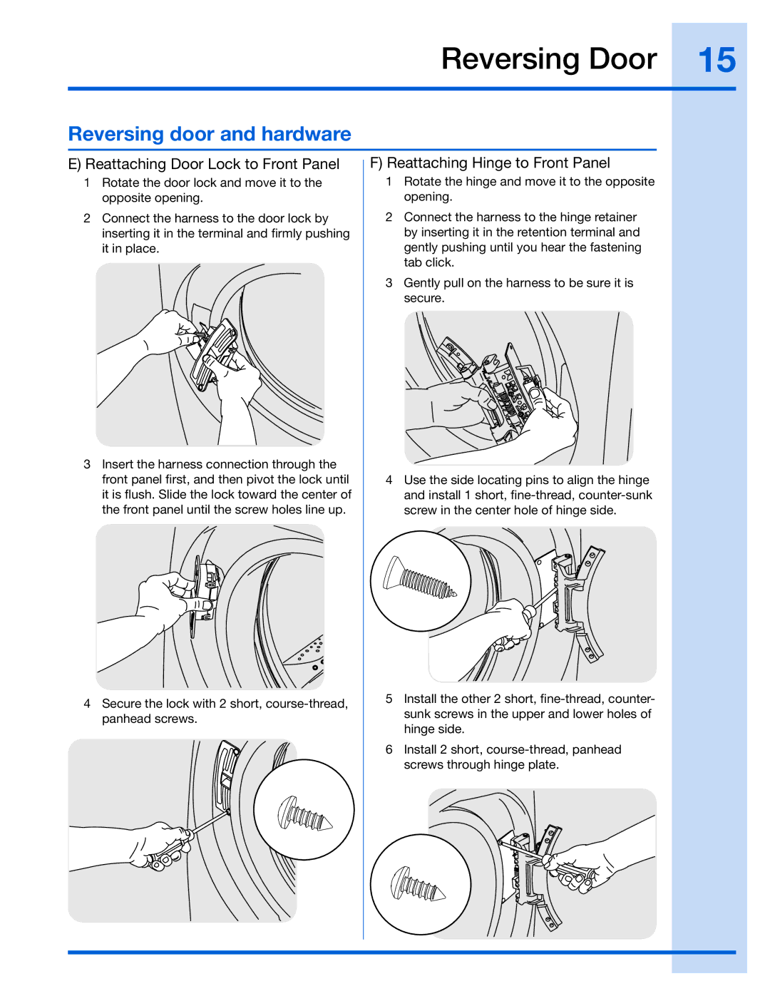 Electrolux 137067200 Reversing door and hardware, Reattaching Door Lock to Front Panel, Reattaching Hinge to Front Panel 