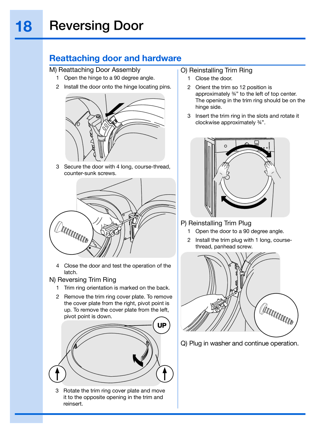 Electrolux 137064300A, 137067200, 137098000, 137019200, 134700400 installation instructions Reattaching door and hardware 