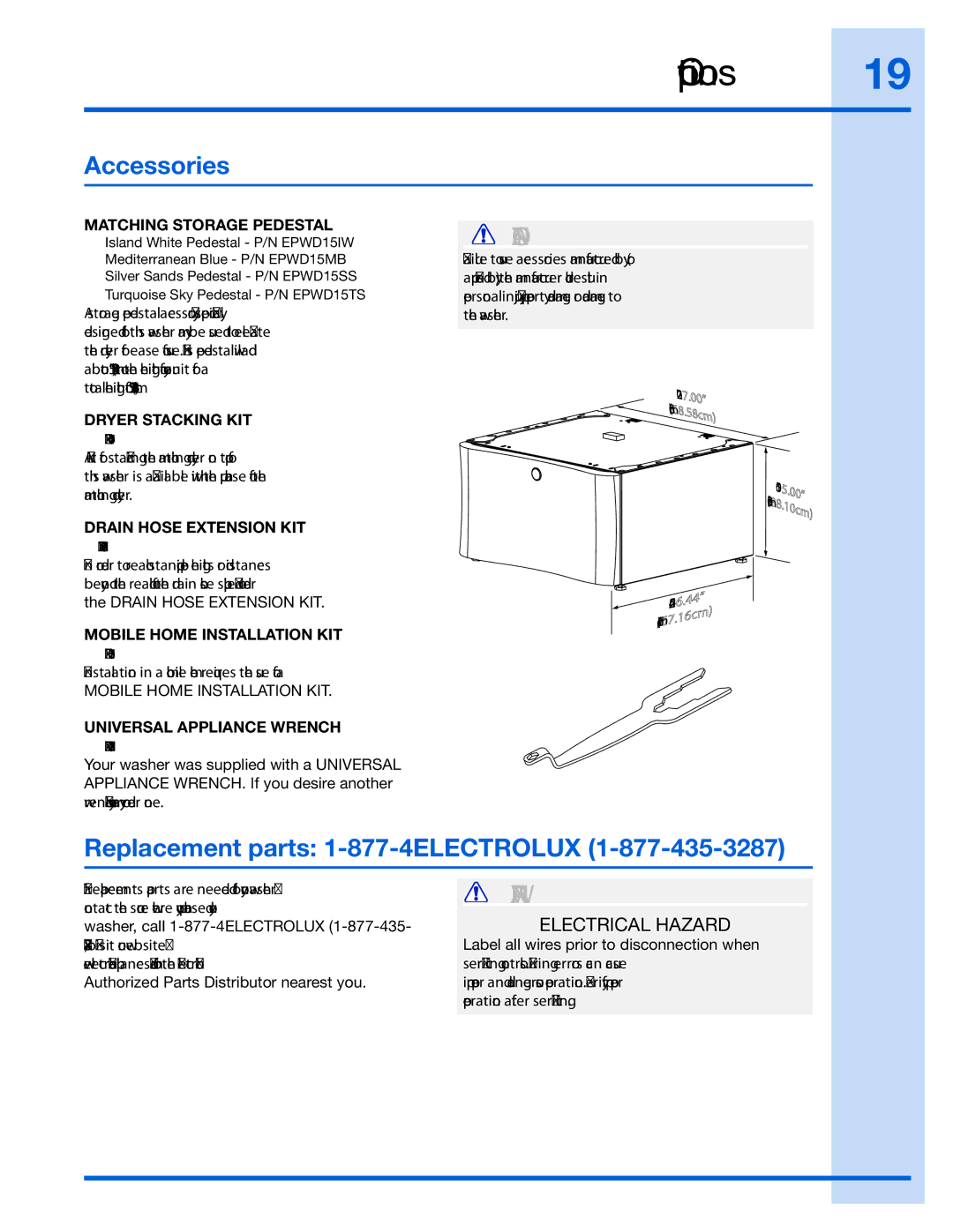 Electrolux 134700400, 137067200, 137098000, 137019200, 137064300A Options, Accessories, Replacement parts 1-877-4ELECTROLUX 