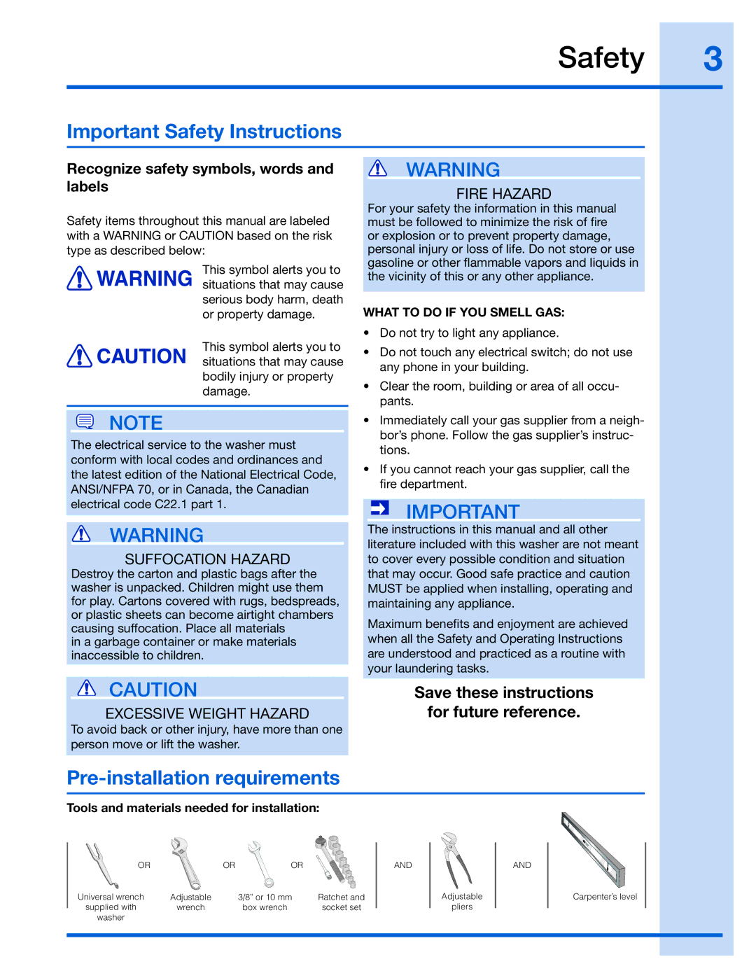 Electrolux 137064300A, 137067200, 137098000, 137019200 Important Safety Instructions, Pre-installation requirements 