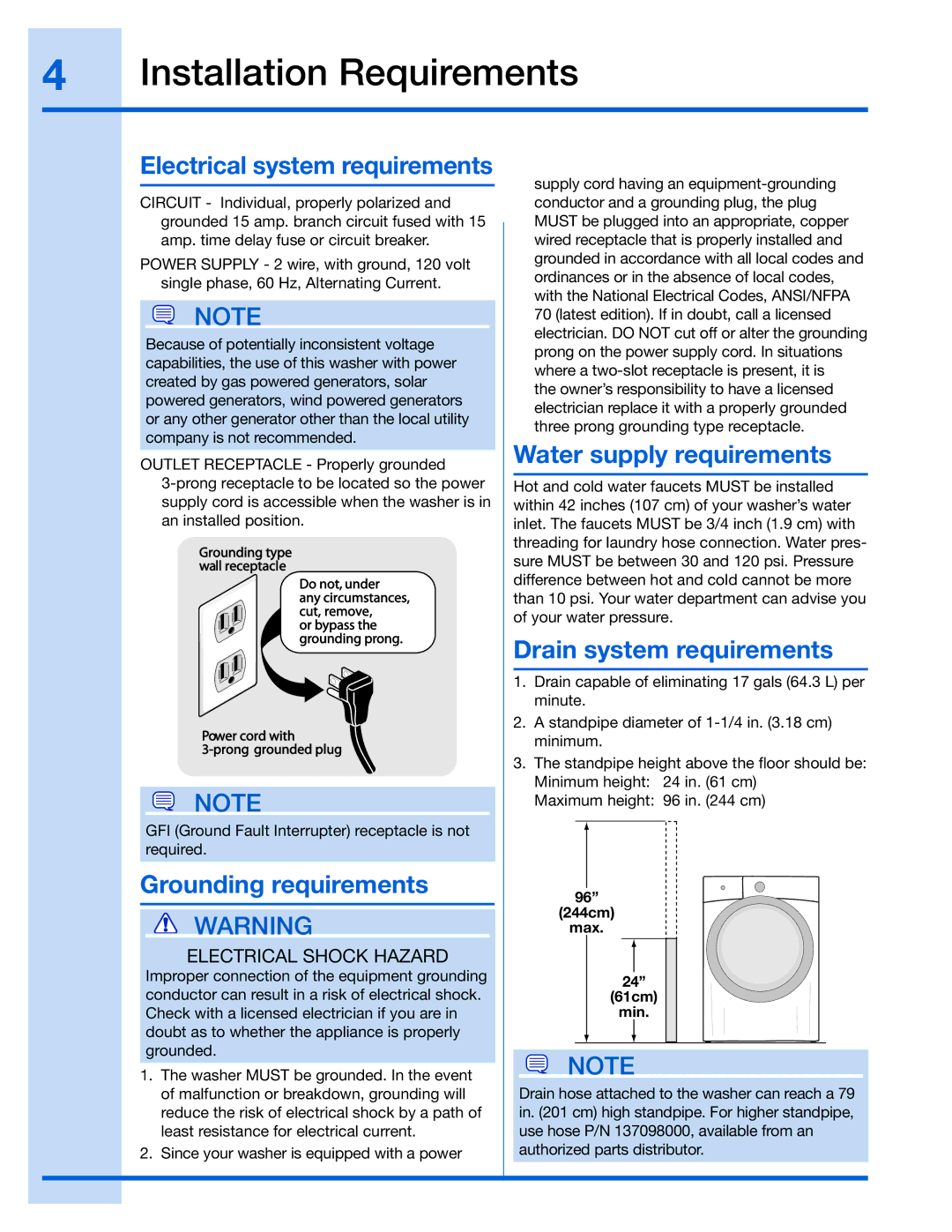 Electrolux 134700400, 137067200 Installation Requirements, Electrical system requirements, Grounding requirements 