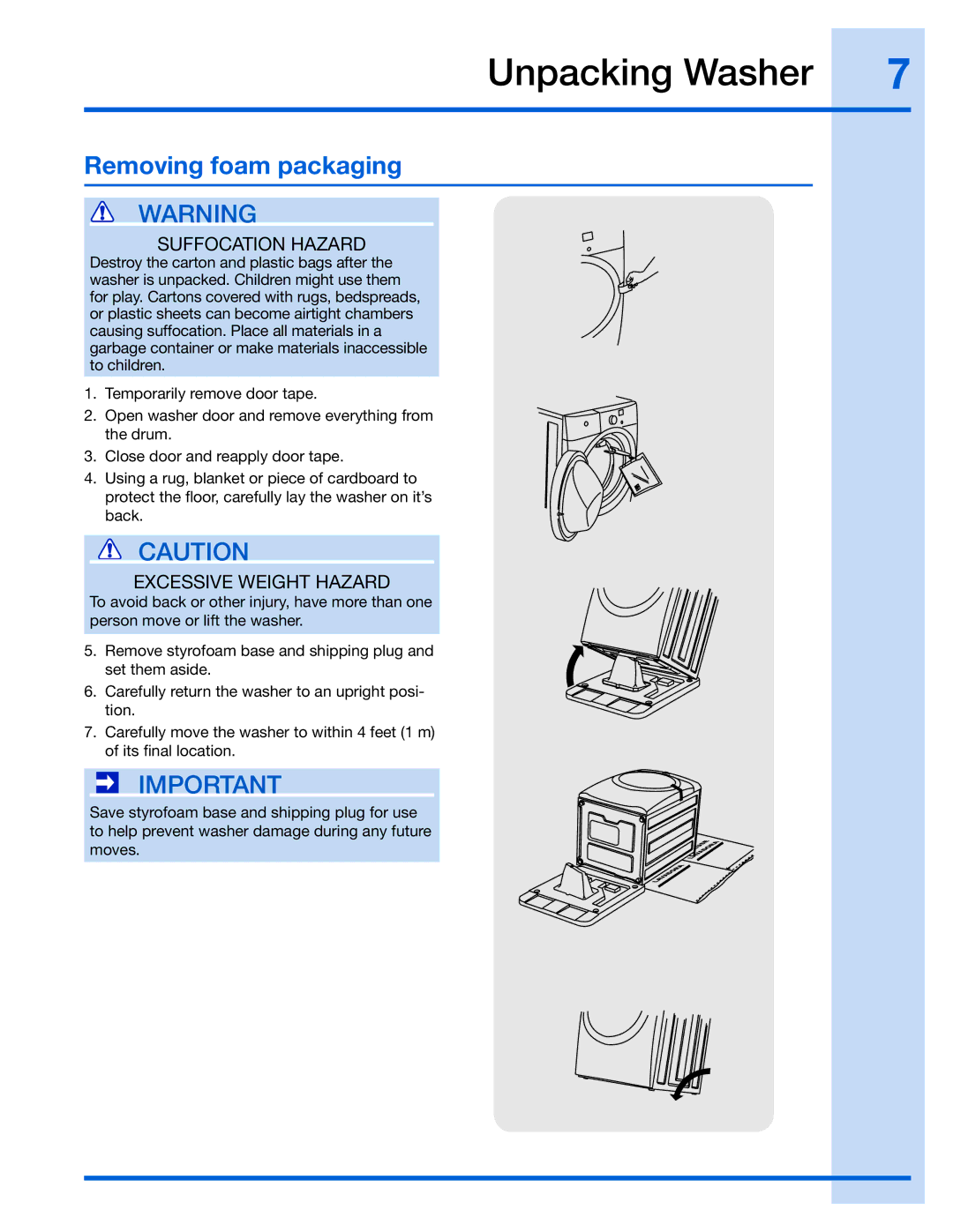 Electrolux 137019200, 137067200, 137098000, 137064300A, 134700400 Unpacking Washer, Removing foam packaging 