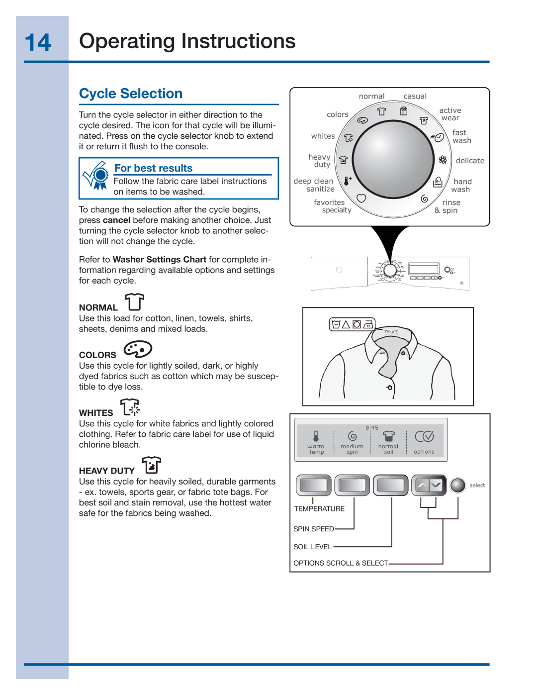 Electrolux 137356900 A manual Cycle Selection, Normal, Whites, Heavy Duty 