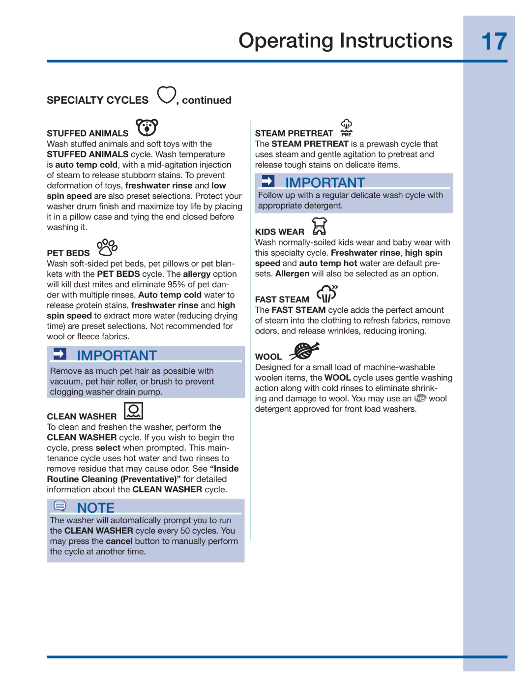 Electrolux 137356900 A manual Specialty Cycles 