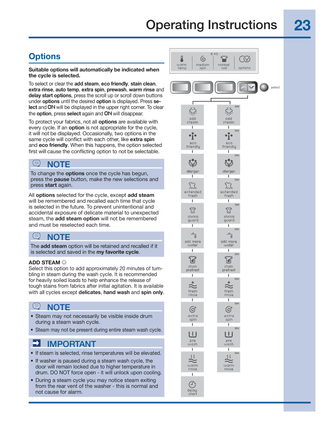 Electrolux 137356900 A manual Options, ADD Steam 