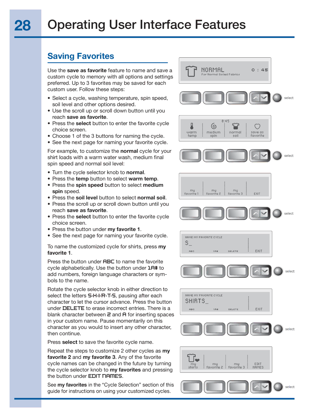 Electrolux 137356900 A manual Saving Favorites 