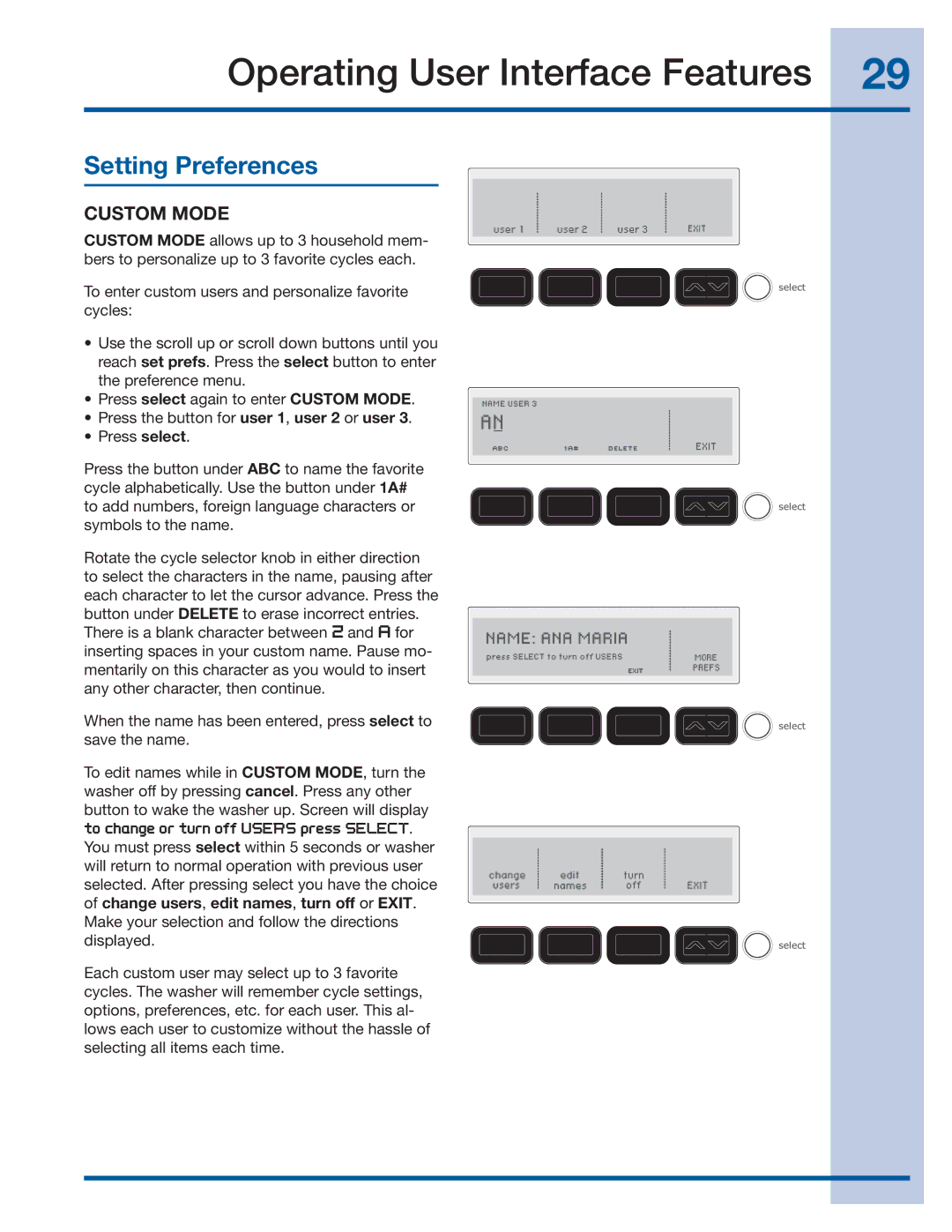 Electrolux 137356900 A manual Setting Preferences, Custom Mode 