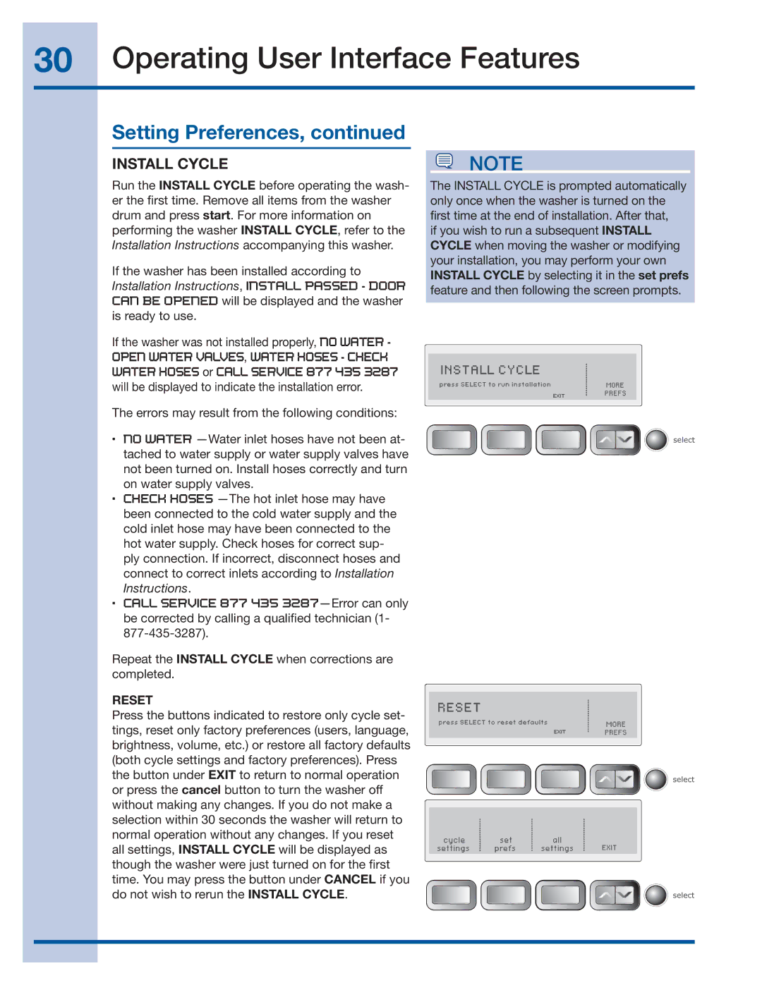 Electrolux 137356900 A manual Install Cycle, Reset 