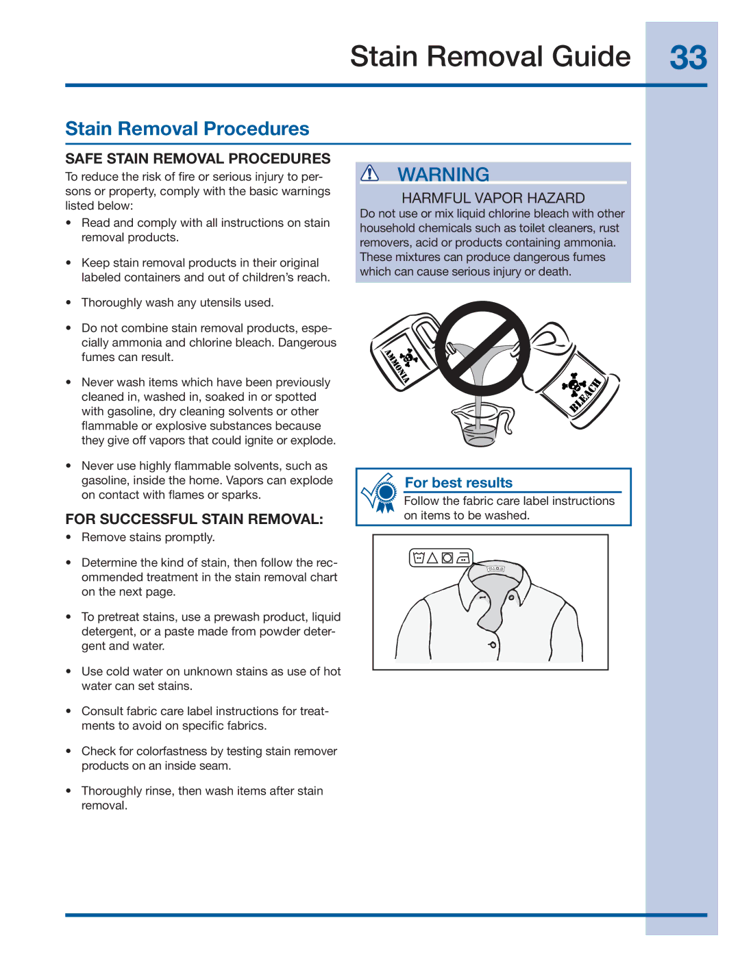 Electrolux 137356900 A manual Stain Removal Guide, Safe Stain Removal Procedures, For Successful Stain Removal 