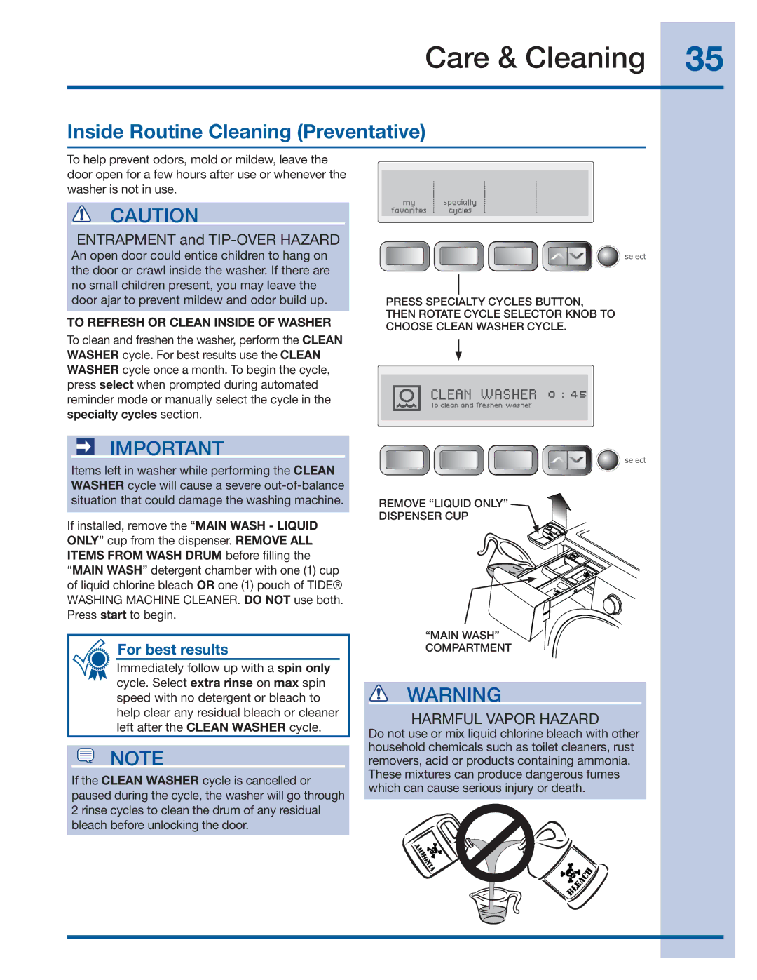 Electrolux 137356900 A manual Care & Cleaning, Inside Routine Cleaning Preventative, To Refresh or Clean Inside of Washer 