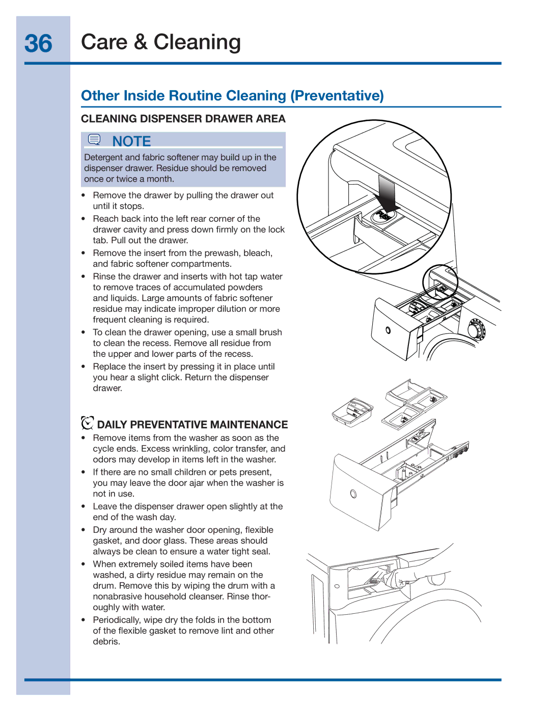 Electrolux 137356900 A manual Other Inside Routine Cleaning Preventative, Cleaning Dispenser Drawer Area 