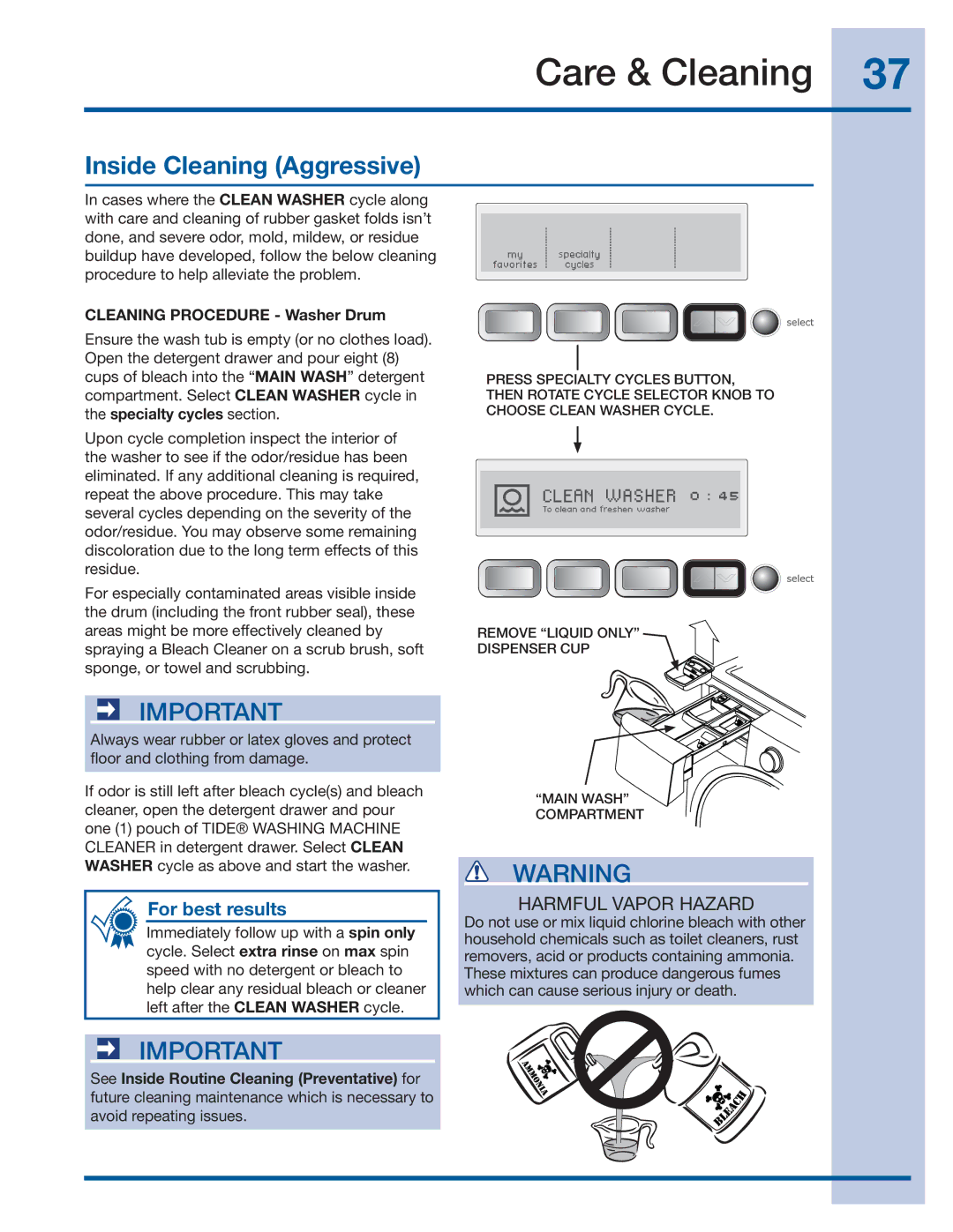 Electrolux 137356900 A manual Inside Cleaning Aggressive, Cleaning Procedure Washer Drum 