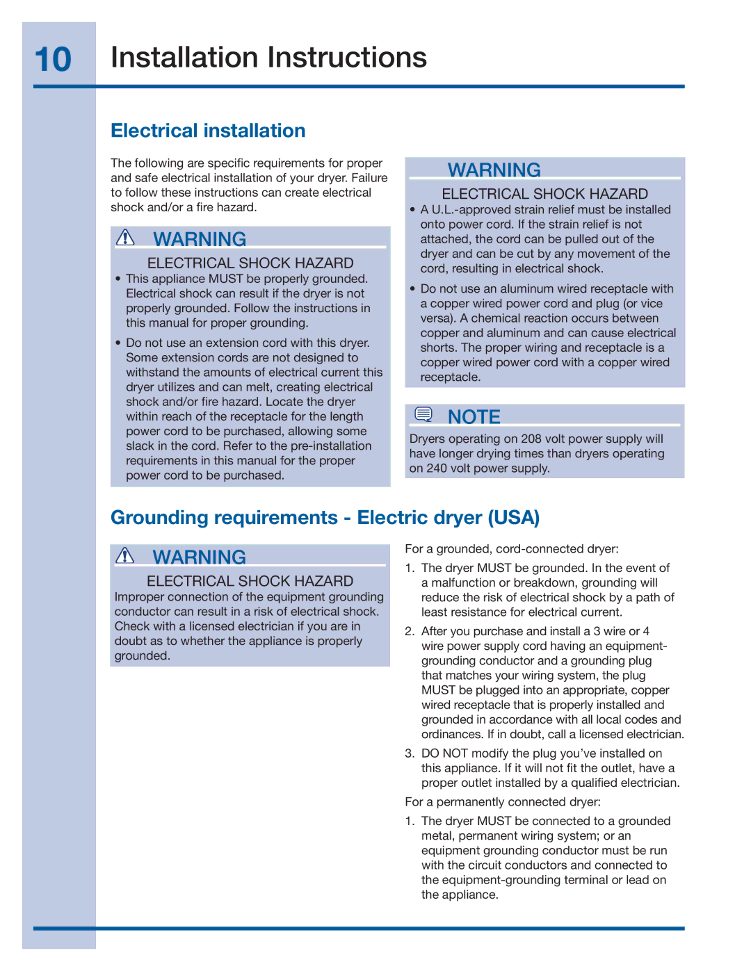 Electrolux 137382100 A (1106) Installation Instructions, Electrical installation, Electrical Shock Hazard 