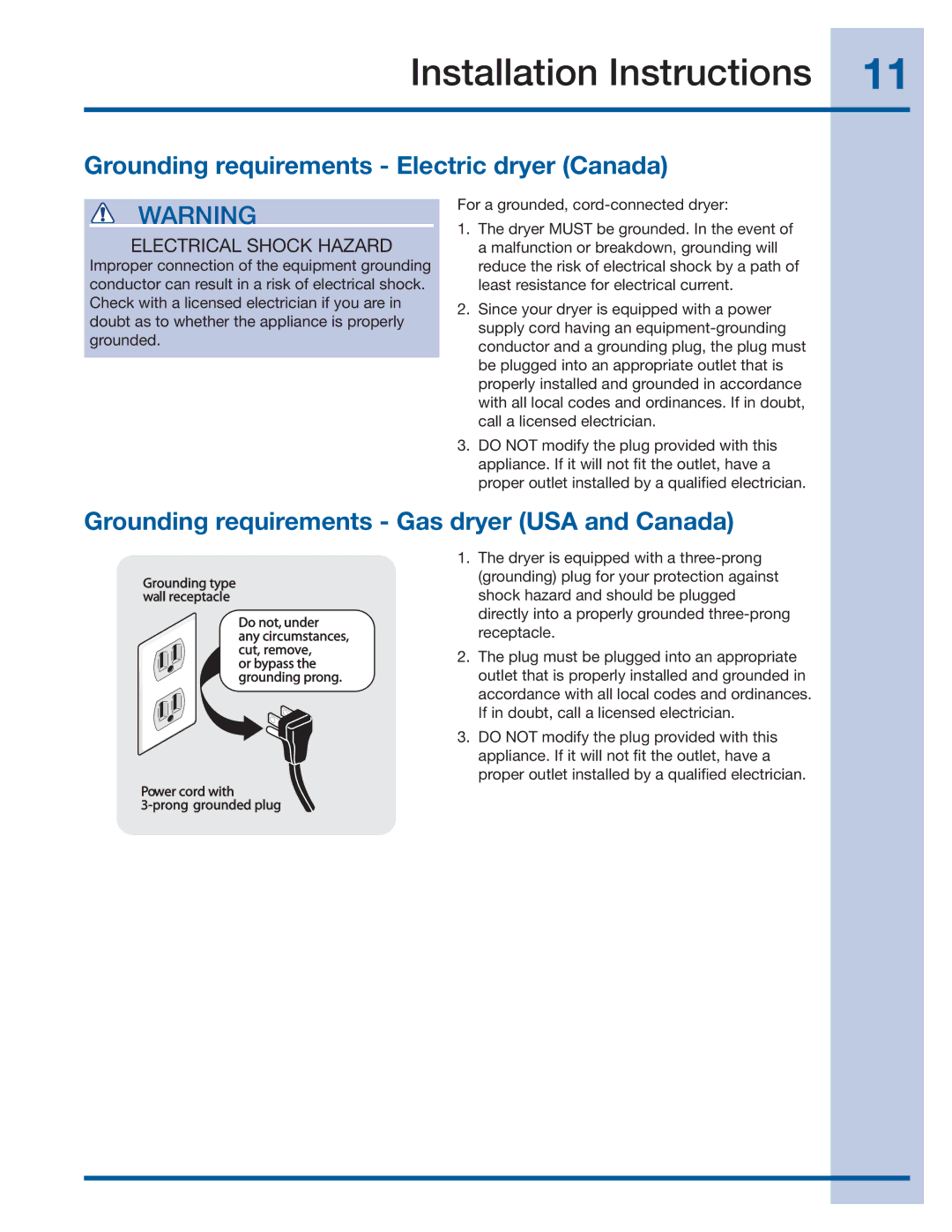 Electrolux 137382100 A (1106) installation instructions Grounding requirements Electric dryer Canada 