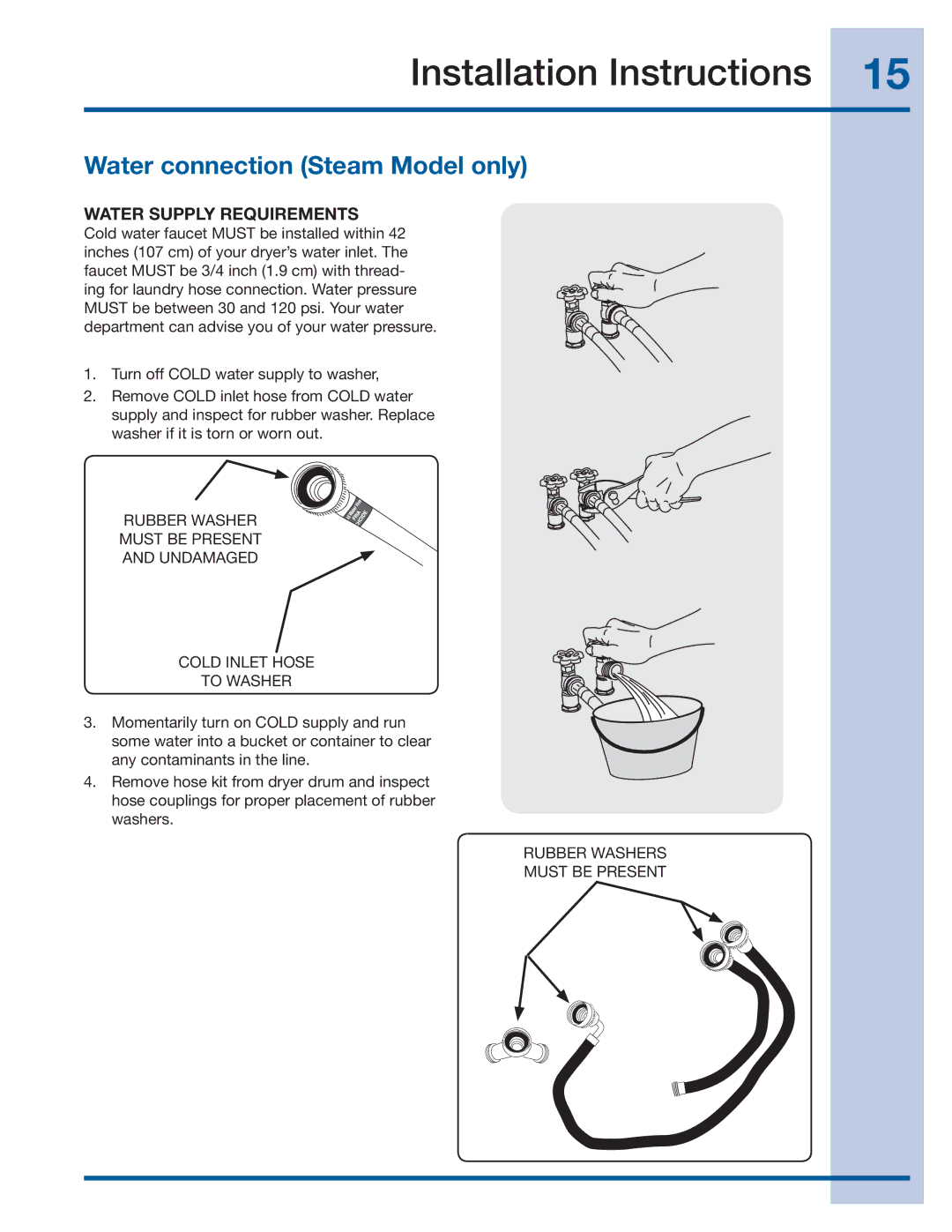 Electrolux 137382100 A (1106) installation instructions Water connection Steam Model only, Rubber Washers Must be Present 