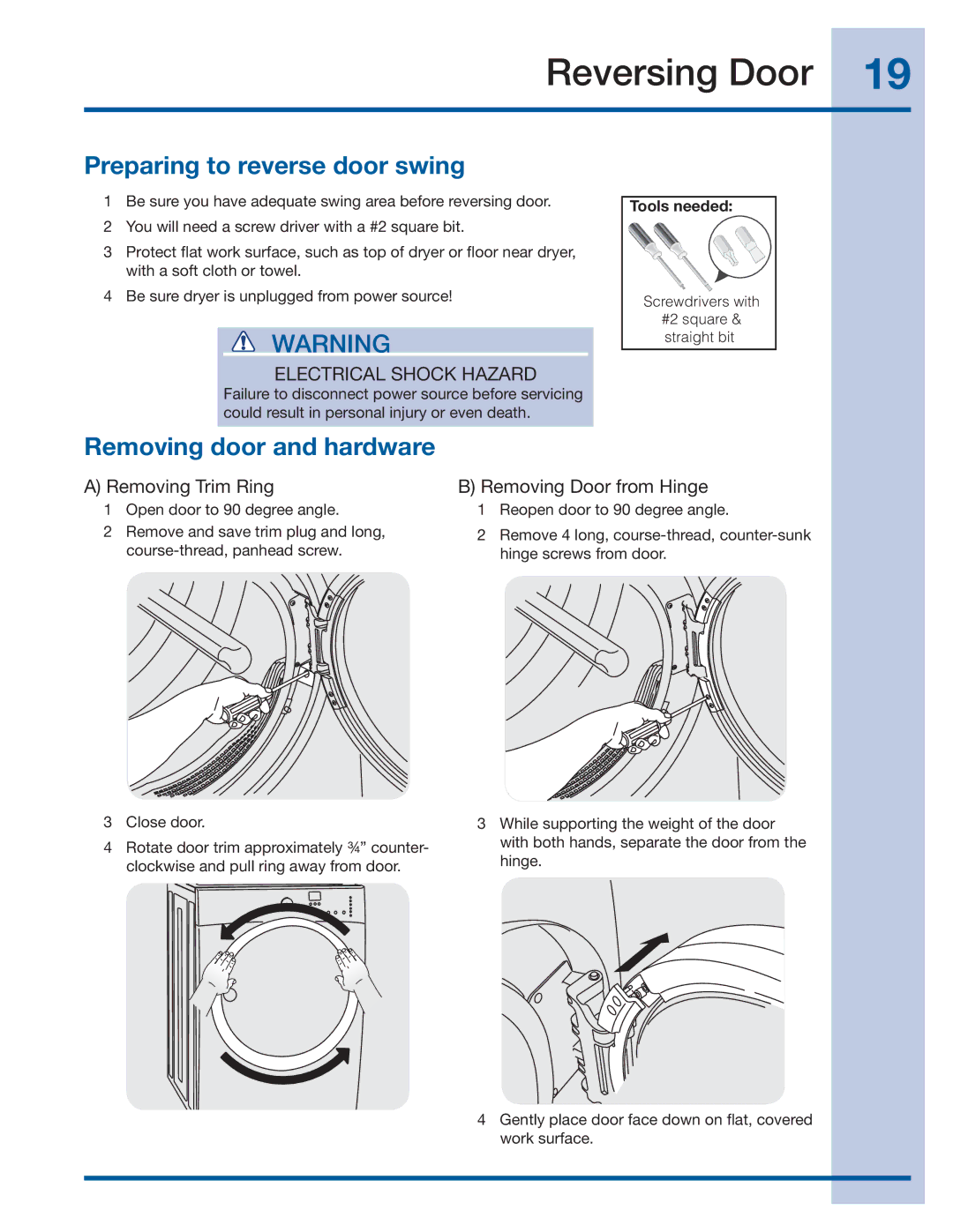 Electrolux 137382100 A (1106) Reversing Door, Preparing to reverse door swing, Removing door and hardware 