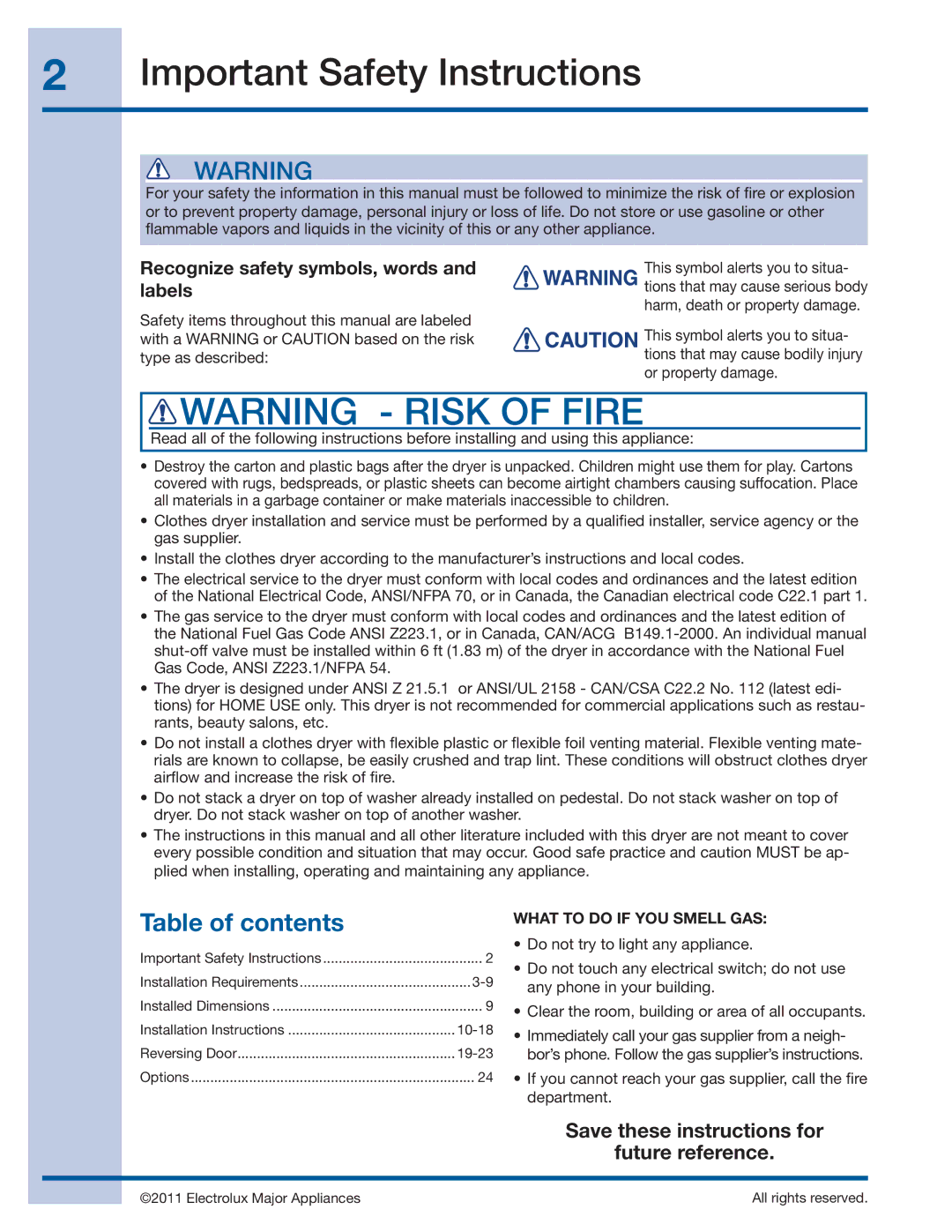 Electrolux 137382100 A (1106) installation instructions Important Safety Instructions, Table of contents 