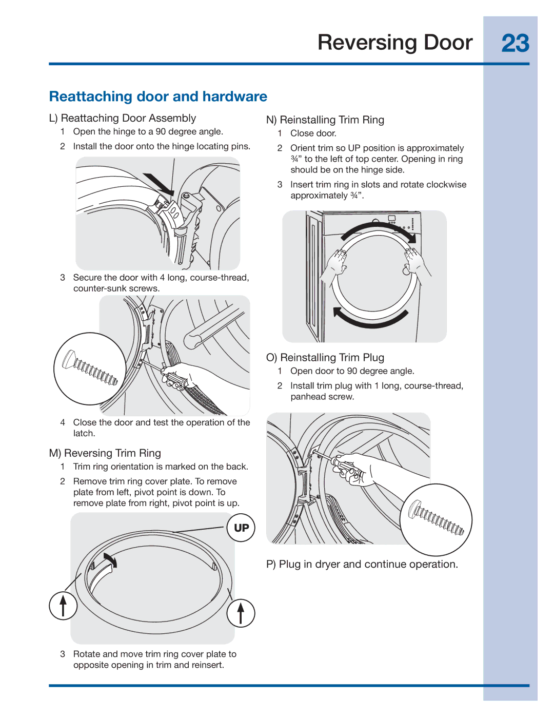 Electrolux 137382100 A (1106) installation instructions Reattaching door and hardware 