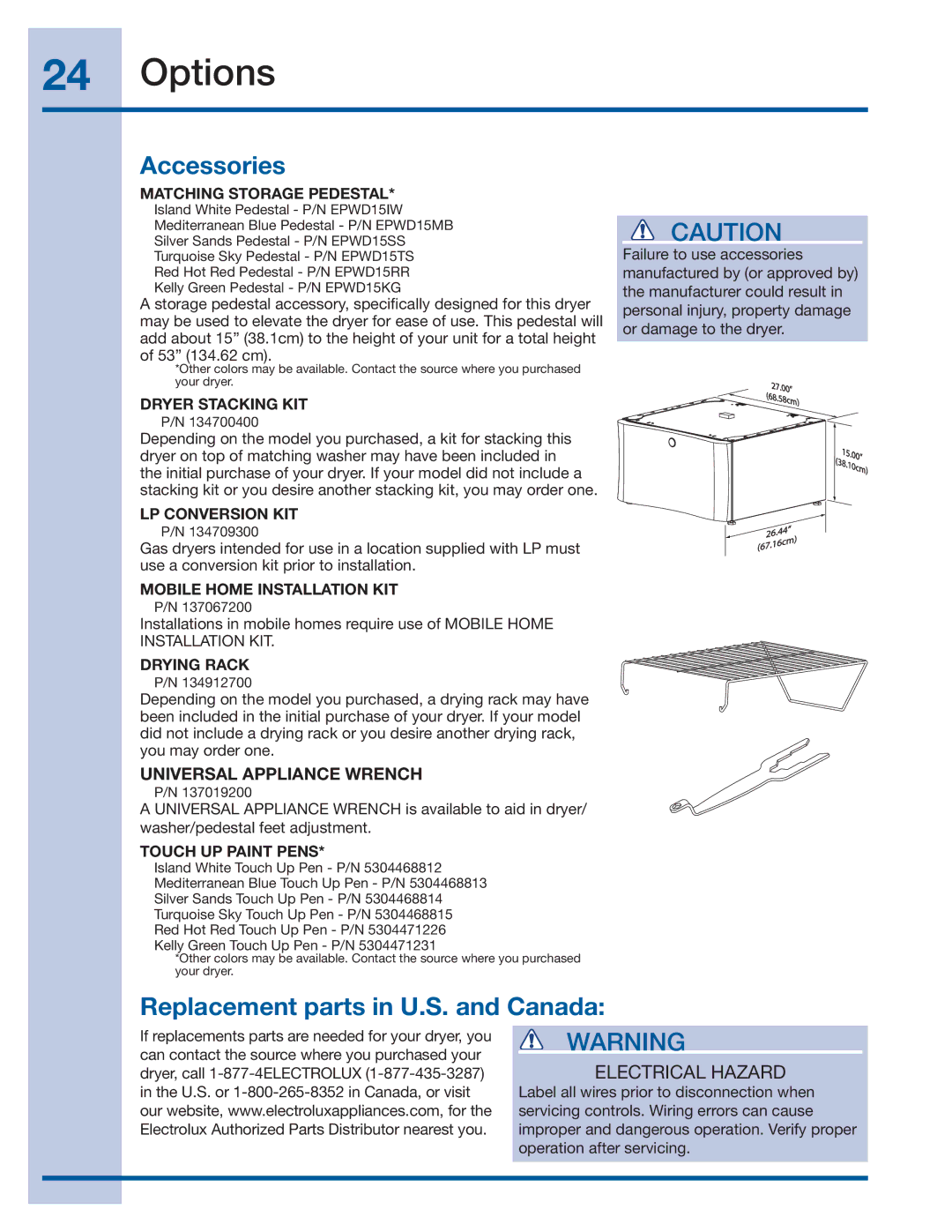 Electrolux 137382100 A (1106) Options, Accessories, Replacement parts in U.S. and Canada, Electrical Hazard 