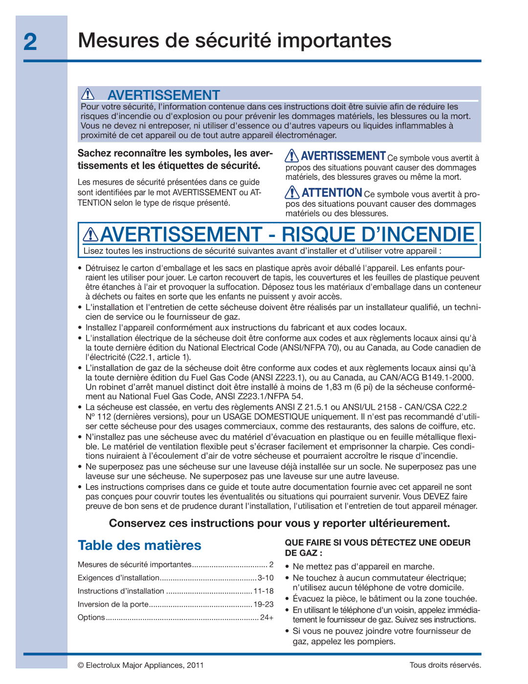 Electrolux 137382100 A (1106) installation instructions Mesures de sécurité importantes, Table des matières 
