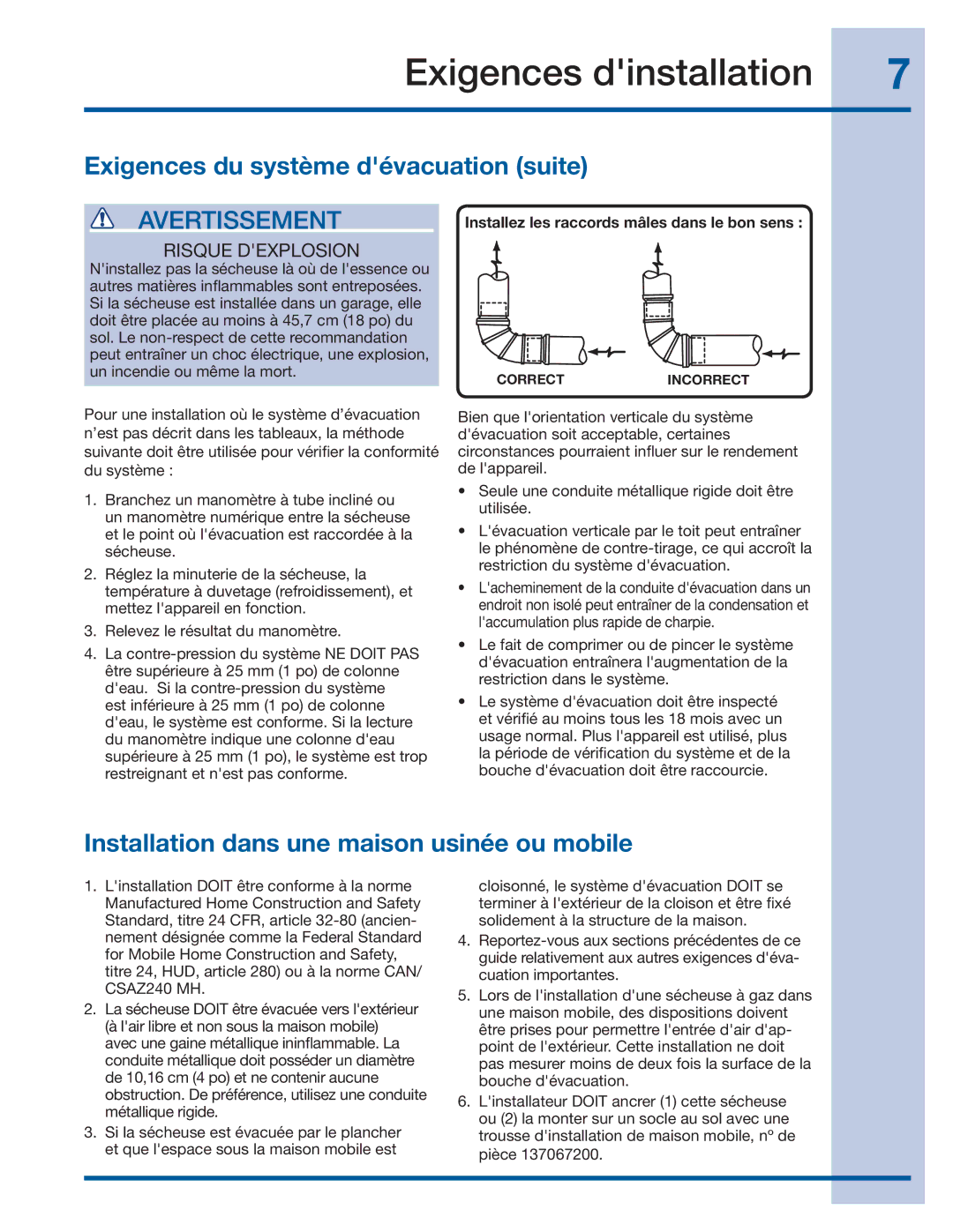 Electrolux 137382100 A (1106) Installation dans une maison usinée ou mobile, Installez les raccords mâles dans le bon sens 