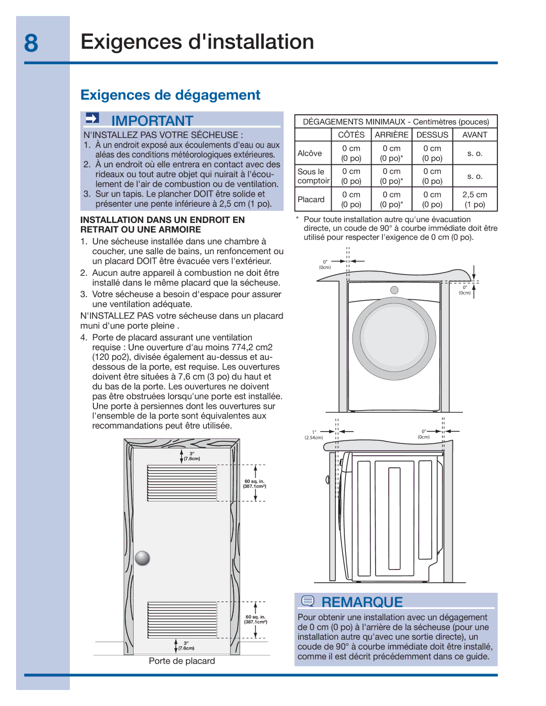 Electrolux 137382100 A (1106) installation instructions Exigences de dégagement, Ninstallez PAS Votre Sécheuse 