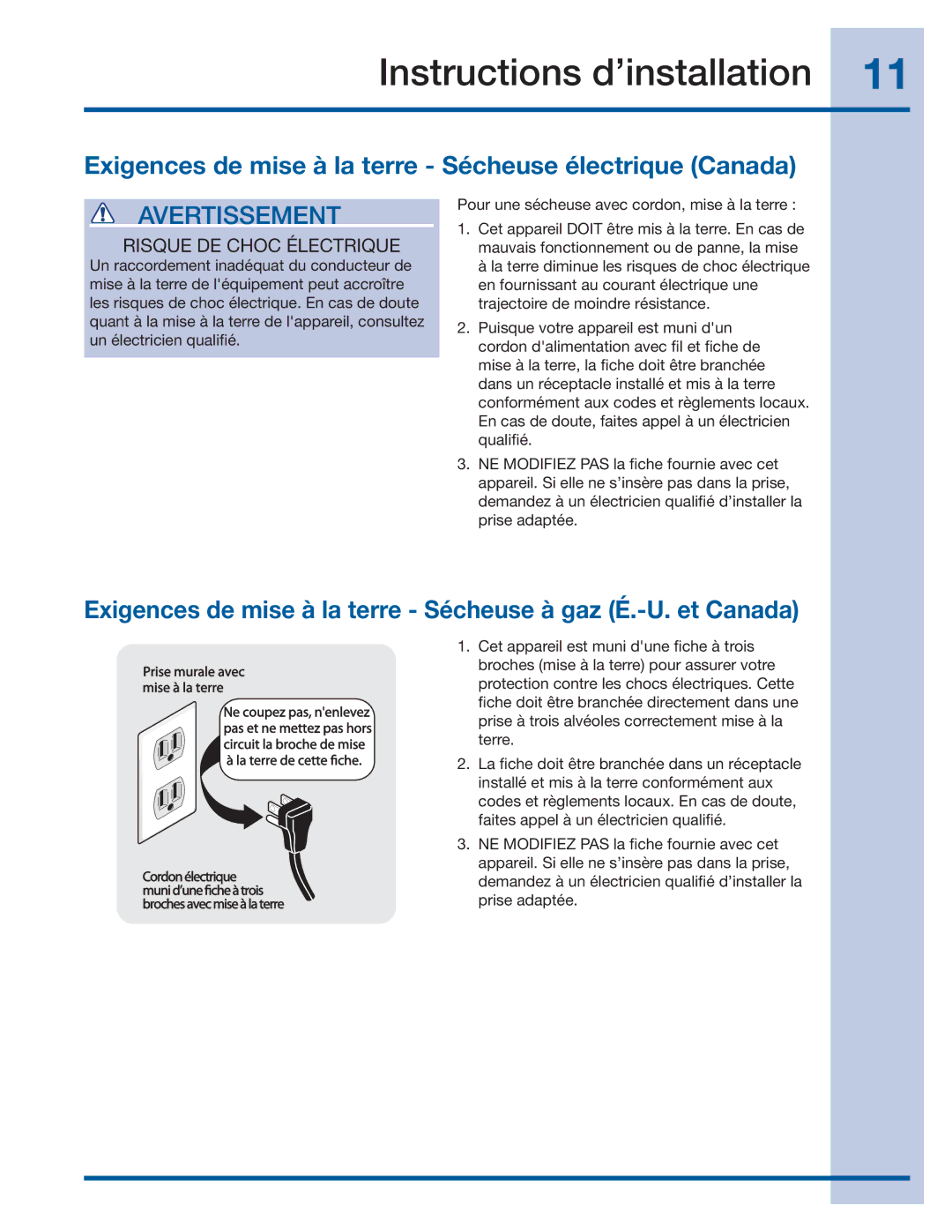 Electrolux 137382100 A (1106) Instructions d’installation, Exigences de mise à la terre Sécheuse électrique Canada 