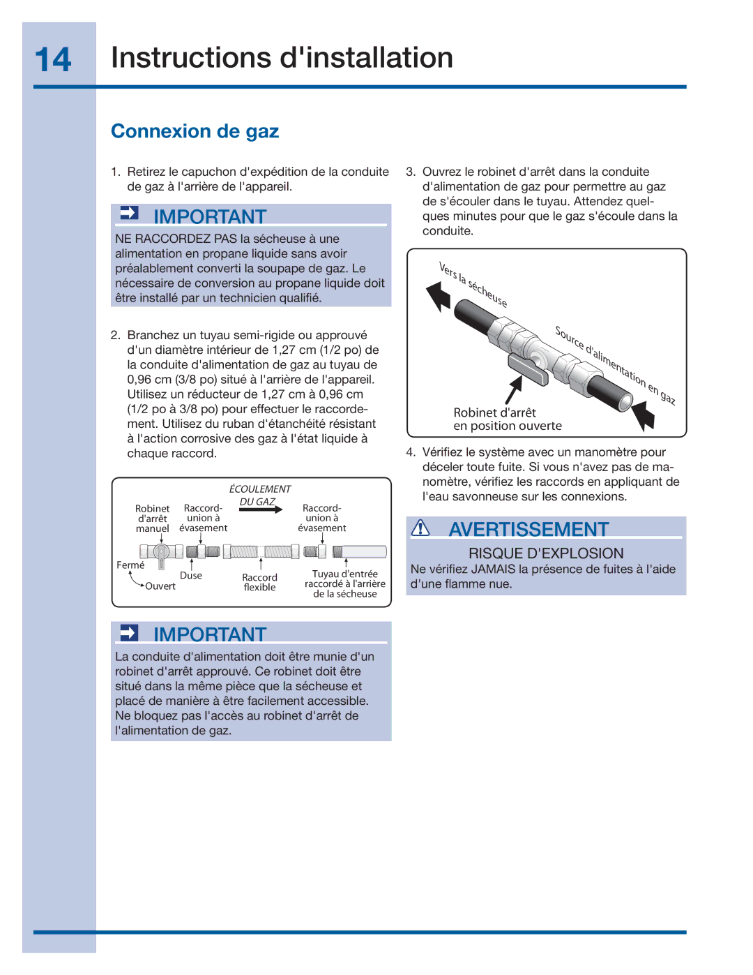 Electrolux 137382100 A (1106) installation instructions Instructions dinstallation, Connexion de gaz 