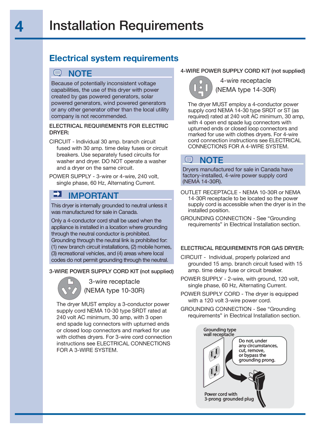 Electrolux 137382100 A (1106) installation instructions Electrical system requirements, Wire receptacle Nema type 10-30R 