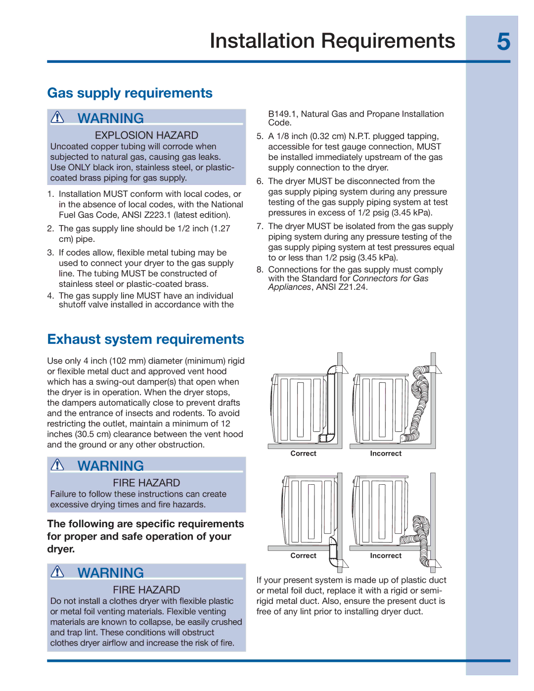 Electrolux 137382100 A (1106) Gas supply requirements, Exhaust system requirements, Explosion Hazard, Fire Hazard 