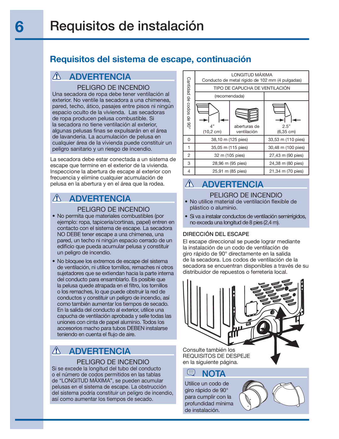 Electrolux 137382100 A (1106) Requisitos del sistema de escape, continuación, Dirección DEL Escape 