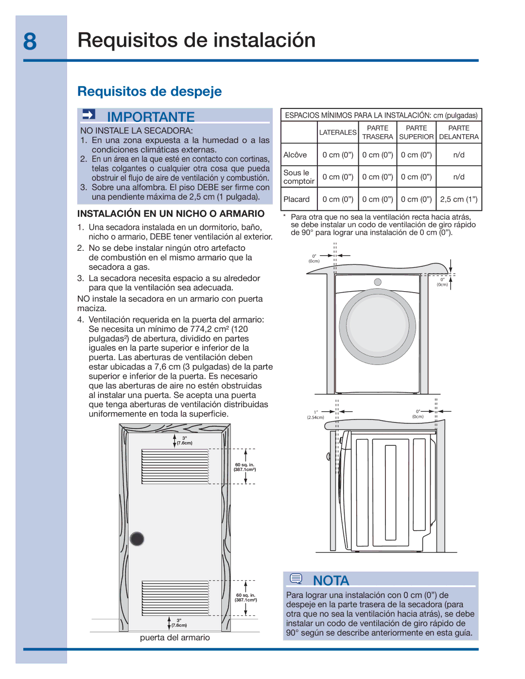 Electrolux 137382100 A (1106) installation instructions Requisitos de despeje, No Instale LA Secadora 