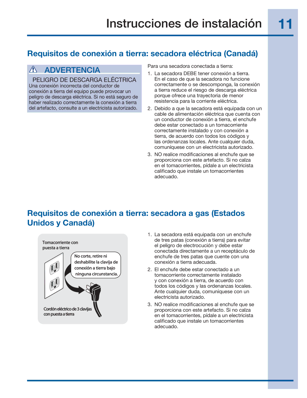 Electrolux 137382100 A (1106) Instrucciones de instalación, Requisitos de conexión a tierra secadora eléctrica Canadá 