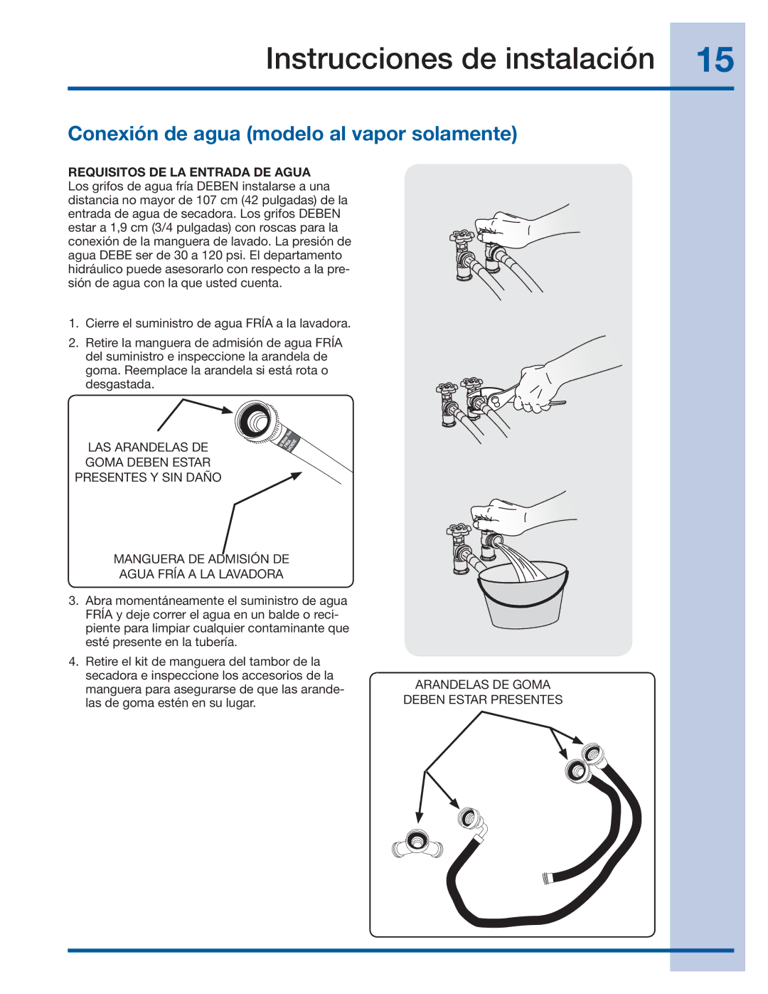 Electrolux 137382100 A (1106) Conexión de agua modelo al vapor solamente, Arandelas DE Goma Deben Estar Presentes 