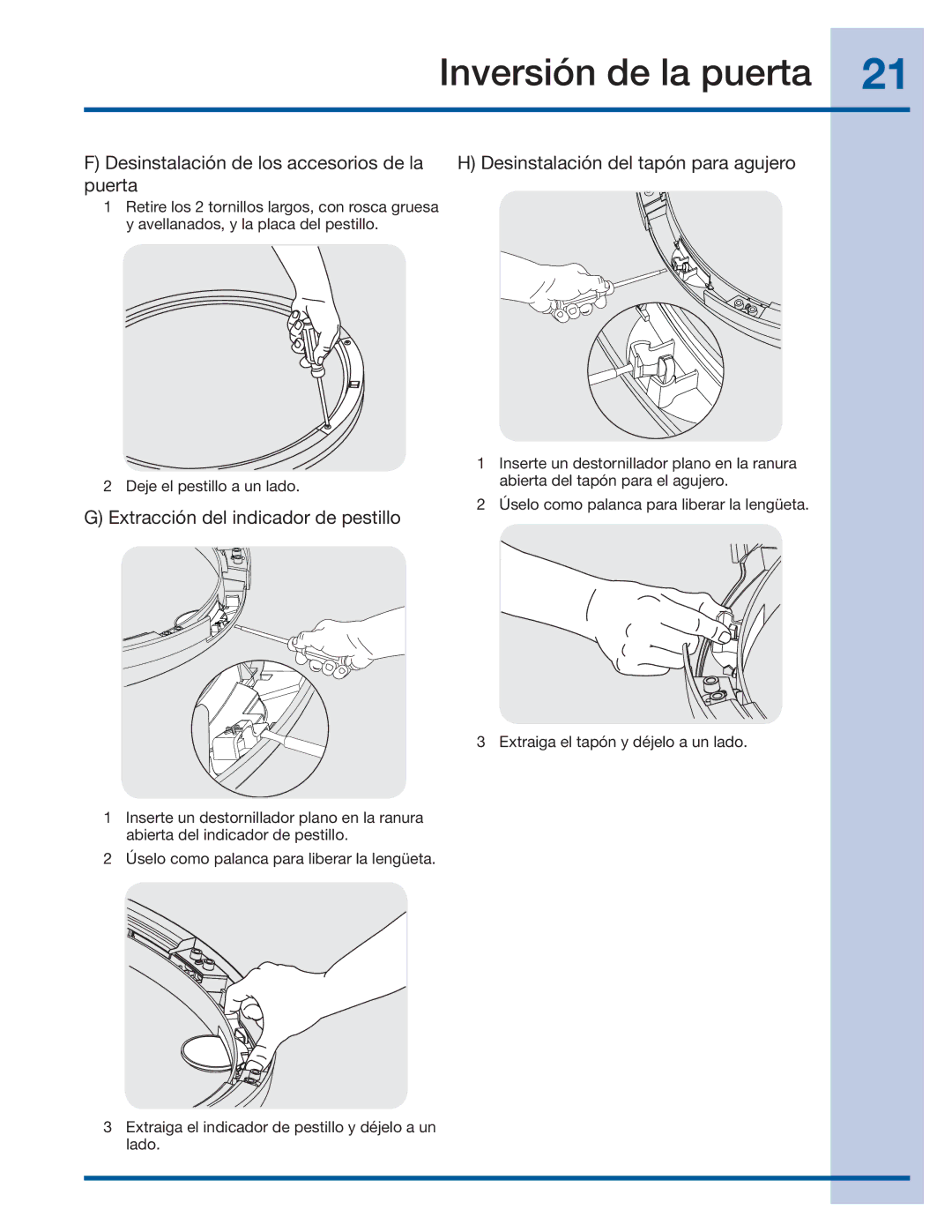 Electrolux 137382100 A (1106) Desinstalación de los accesorios de la puerta, Extracción del indicador de pestillo 