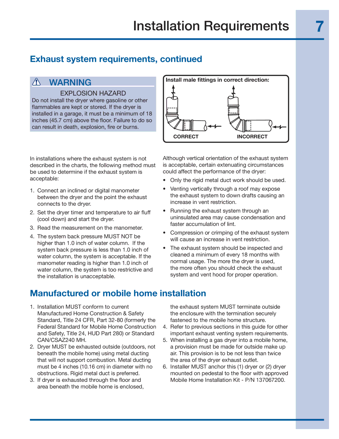 Electrolux 137382100 A (1106) Manufactured or mobile home installation, Install male ﬁttings in correct direction 