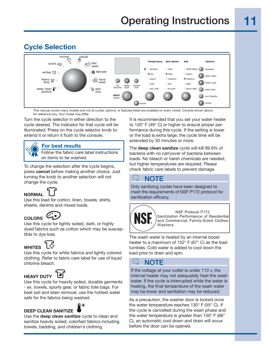 Electrolux 137519000 A (1112) manual Cycle Selection 