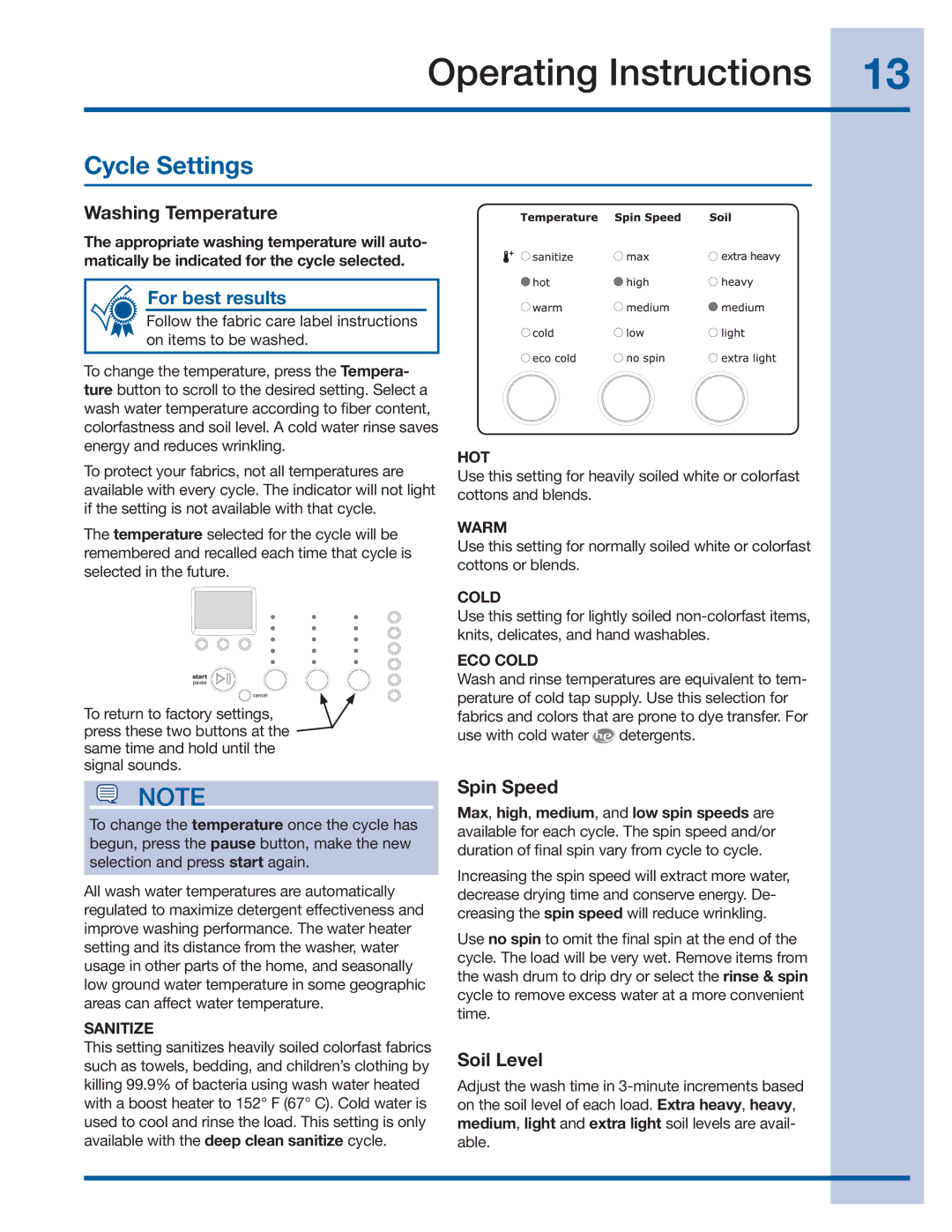 Electrolux 137519000 A (1112) manual Cycle Settings, Washing Temperature, Spin Speed, Soil Level 