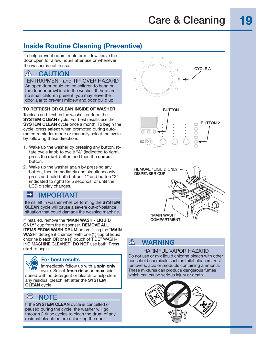 Electrolux 137519000 A (1112) Care & Cleaning, Inside Routine Cleaning Preventive, To Refresh or Clean Inside of Washer 