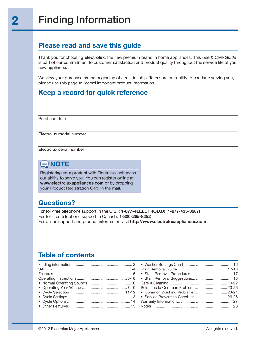 Electrolux 137519000 A (1112) Finding Information, Please read and save this guide, Keep a record for quick reference 