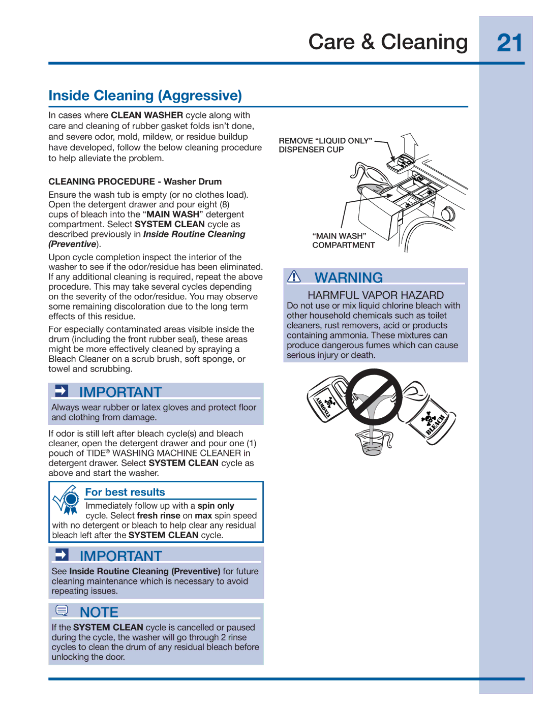 Electrolux 137519000 A (1112) manual Inside Cleaning Aggressive, Cleaning Procedure Washer Drum 